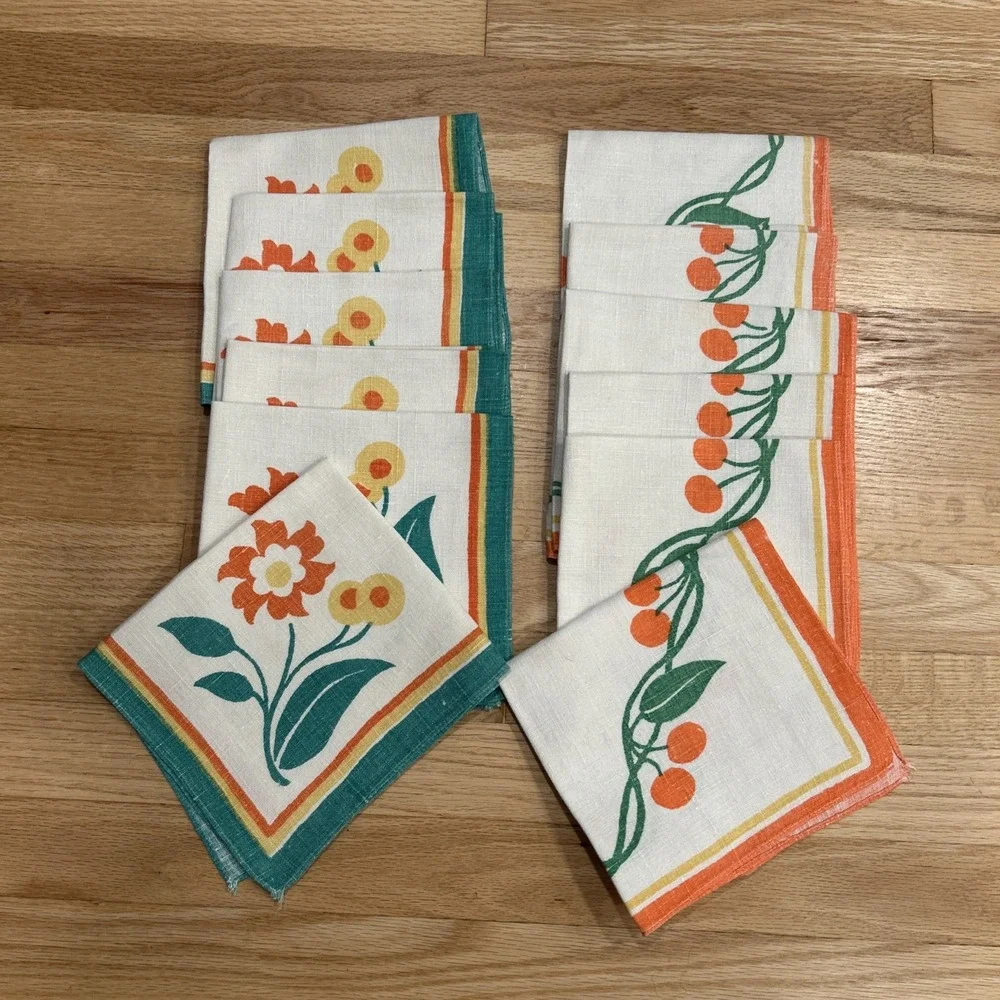 Vtg 70s Mod Floral Cherry Linen Napkins Set 12 MixMatch Thanksgiving Summer Read